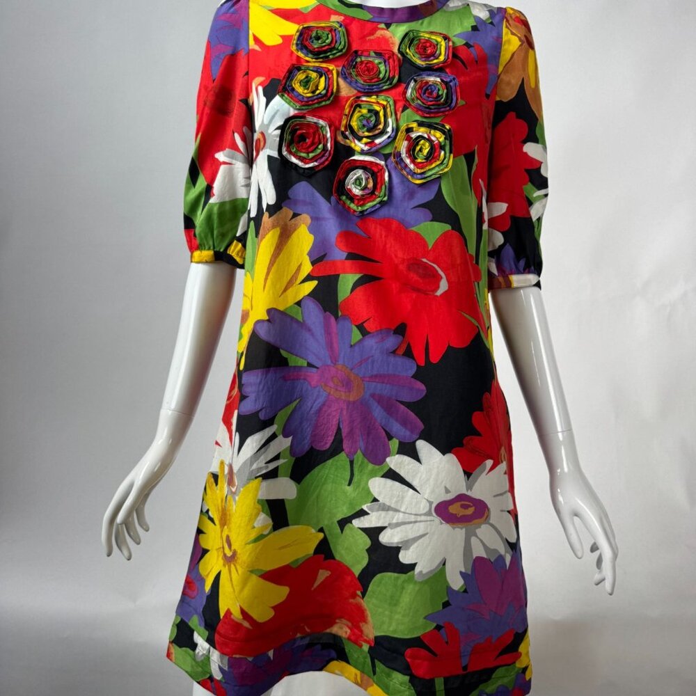 See By Chloé Floral Puff-Sleeve Size 4 Multicolor Silk & Cotton Dress W/ Embelli